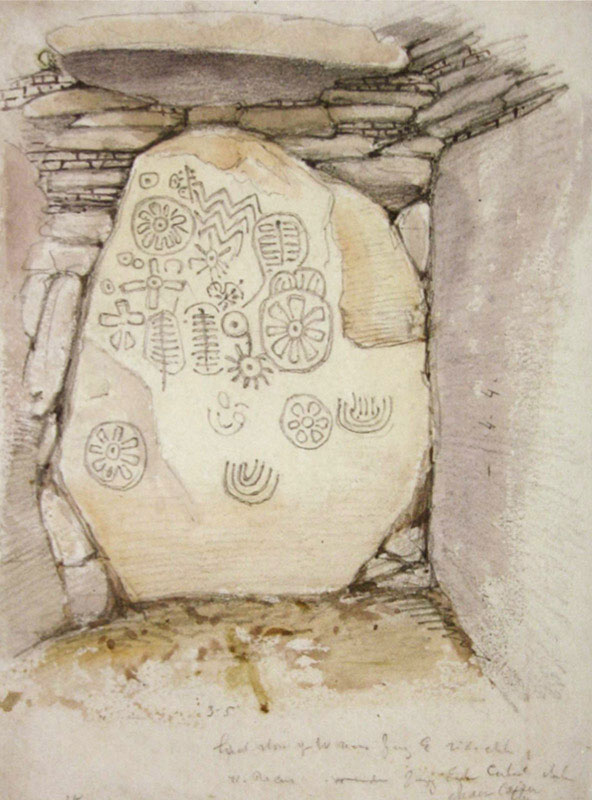 The Keystone Stone within the chamber of Cairn T at Loughcrew. Illustration by George Du Noyer.