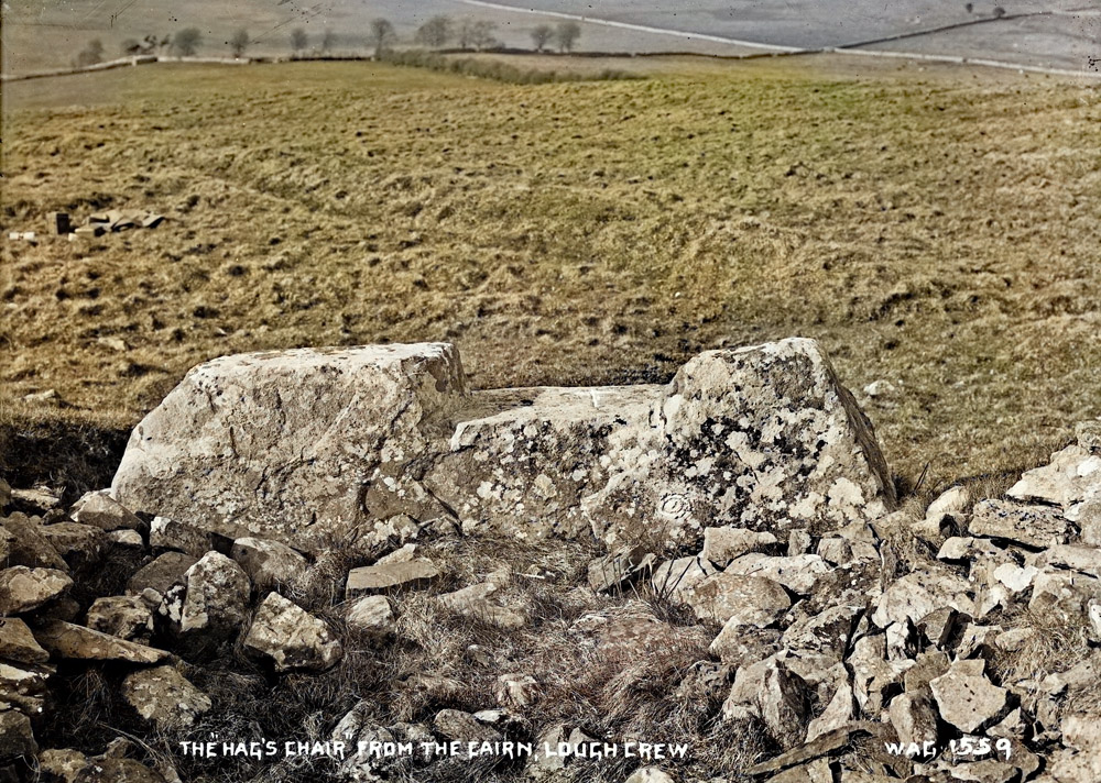 Megalithic art on the back of the back of the Hag's Chair is visible in this early image. Photograph by William A Green.