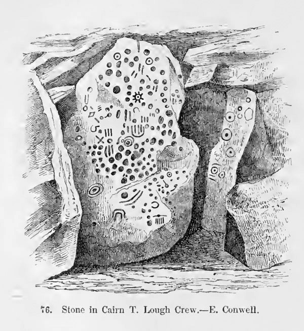 Neolithic art on a passage stone in Cairn T, the huge passage-grave on the summit of Sliabh na Cailleach. Illustration after Du Noyer from the Discovery of the Tomb of Ollamh Fodhla by Eugene Conwell.