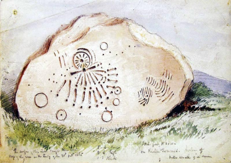 The Calendar Stone within the chamber of Cairn X1 at Loughcrew. Illustration by George Du Noyer.
