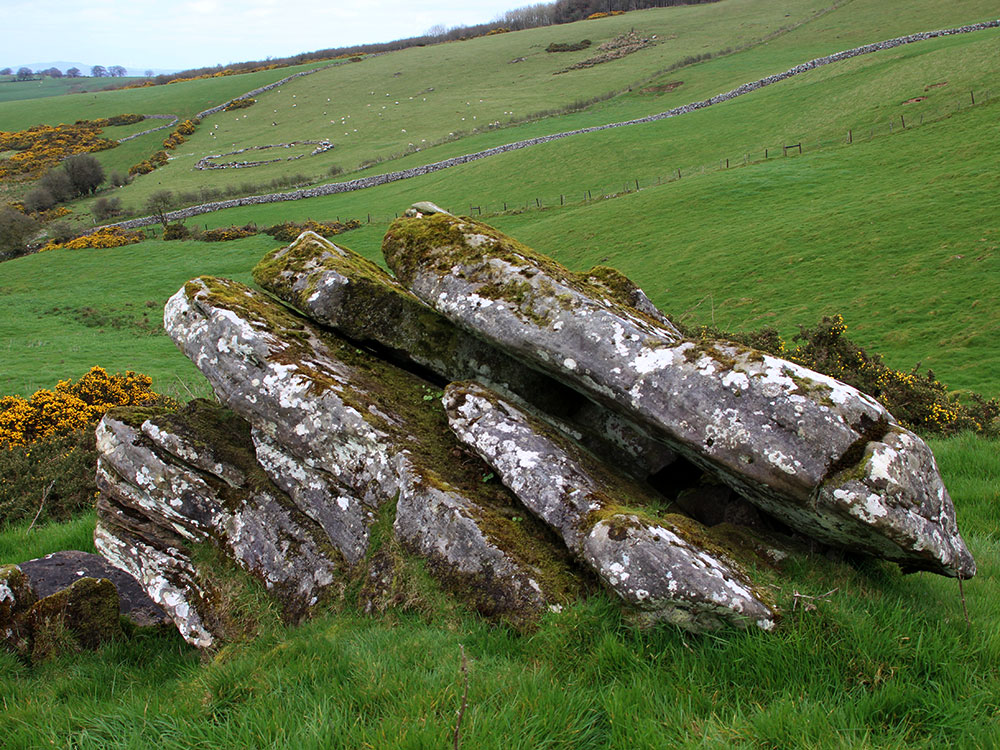 A large split sandstone erratic boulder shows how the neolithic builders broke stones into sections and slabs to use for building materials.