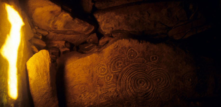 The Loughcrew eclipse carving in Cairn L illuminated by the reflected light of the rising sun, November 8th, 1997.
