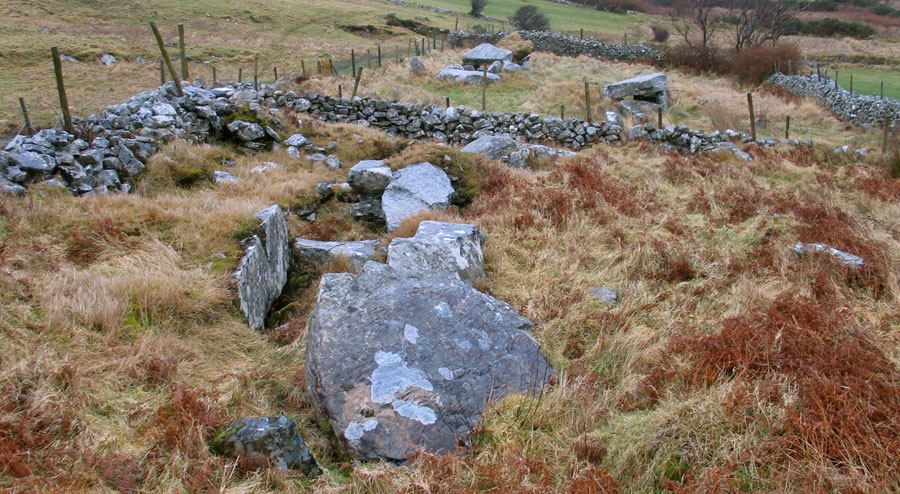 The massive central court cairn at Farranmacbride in Glencolumbkille.