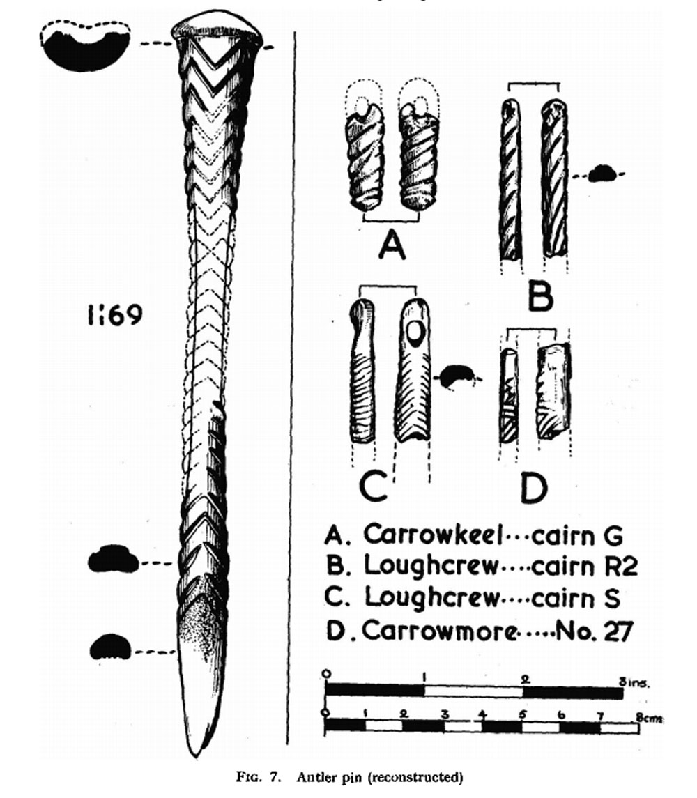 A finely carved piece of red deer antler found in Fourknocks, showing comparisons with carved pendants from Carrowmore, Carrowkeel and Loughcrew.