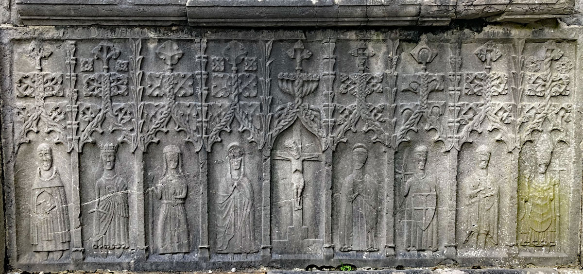 The tomb of Cormac and Joanna O'Crean, leading members of the family of merchant princes in Sligo for 300 years. The elaborately carved wall tomb dates to 1506, two years before the ceiling of the Sistine Chapel was painted by Michaelangelo.