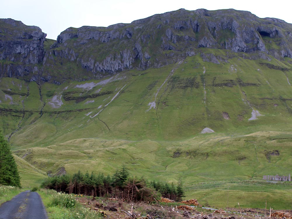 The view up to Diarmuid and Grainne's cave in the back of the Ballintrillick or Gleniff Horseshoe.